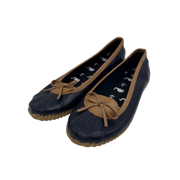 London Fog Womens Navy & Tan Bow Rain Shoes Size 8 Rubber Sole - Picture 1 of 8